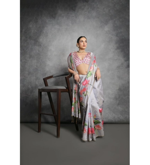 Generic Women's Cotton Printed Saree With Unstitched Blouse 5.5 Mtr (Grey)