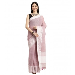 Generic Women's Linen Printed Saree With Unstitched Blouse 5.5Mtr (Purple)