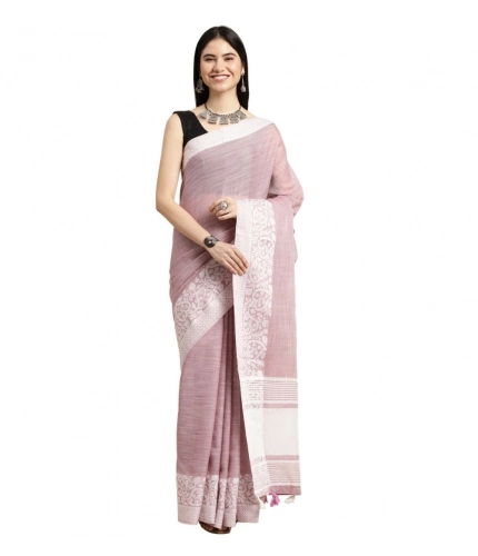Generic Women's Linen Printed Saree With Unstitched Blouse 5.5Mtr (Purple)