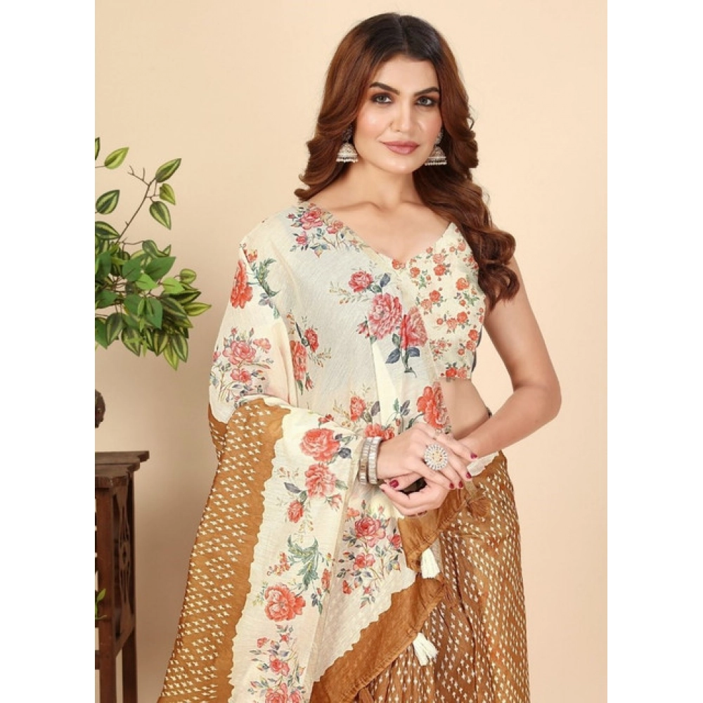Women’s Cotton Silk Floral Printed Saree With Unstitched Blouse 5.5Mtr (Brown)