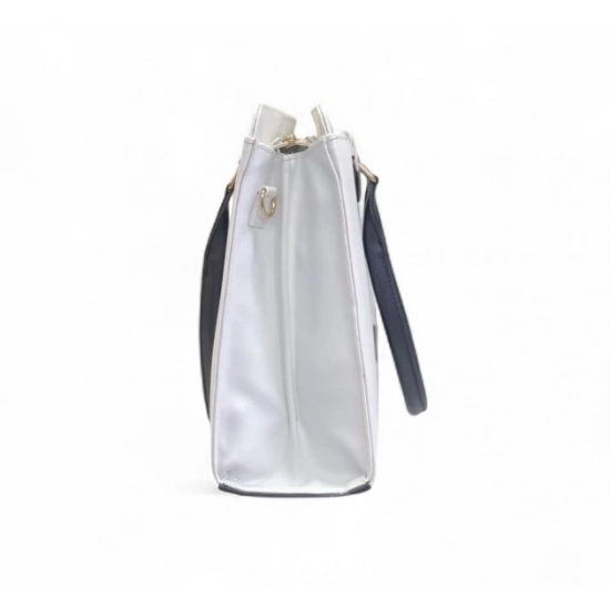Generic Women's Polyurethane Solid Structured Shoulder Tote Handbag (Cream-Navy Blue)