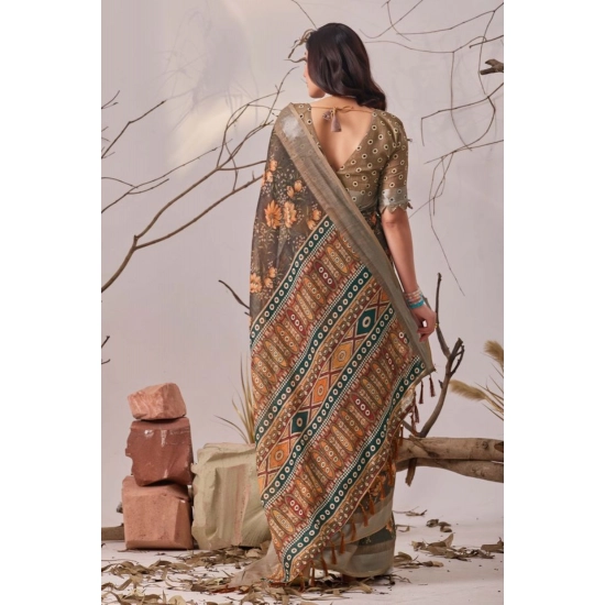 Generic Women's Faux_Linen Printed Saree With Unstitched Blouse 5.5Mtr (Slate_Grey)