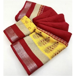 Generic Women's Cotton Linen Printed Saree With Unstitched Blouse 5.5Mtr (Red)
