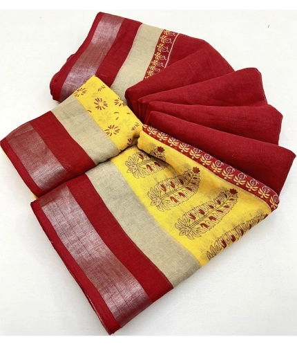 Generic Women's Cotton Linen Printed Saree With Unstitched Blouse 5.5Mtr (Red)