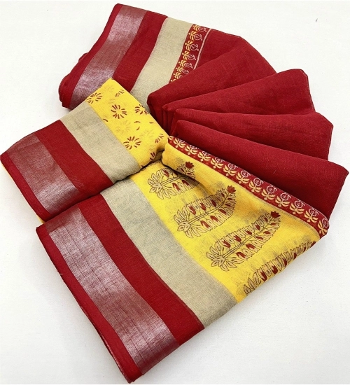 Generic Women's Cotton Linen Printed Saree With Unstitched Blouse 5.5Mtr (Red)