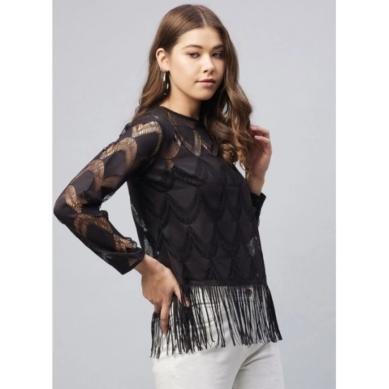 Generic Women's Lace Self Design Short Sleeve Top (Black) Generic Women's Lace Self Design Short Sleeve Top (Black)