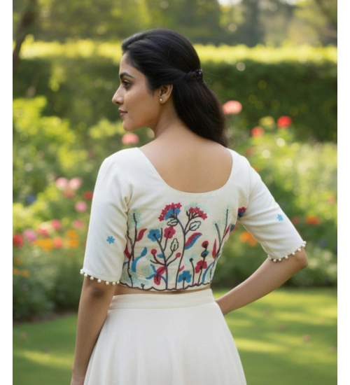 Generic Women's Cambric Cotton Round Neck Padded Blouse (White, 38 Ready Size (Self-Alterable 36–40)