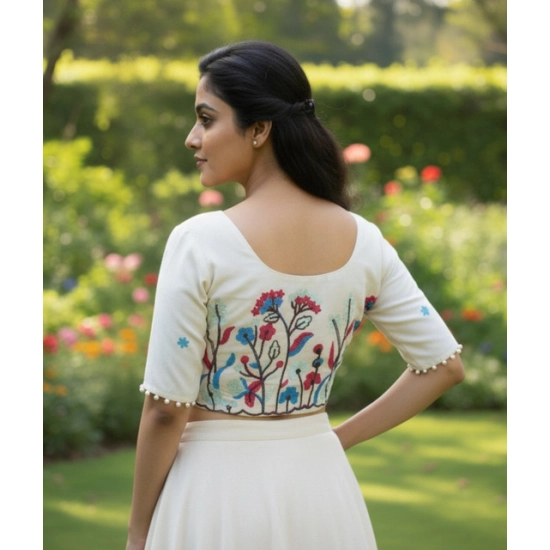 Generic Women's Cambric Cotton Round Neck Padded Blouse (White, 38 Ready Size (Self-Alterable 36–40)