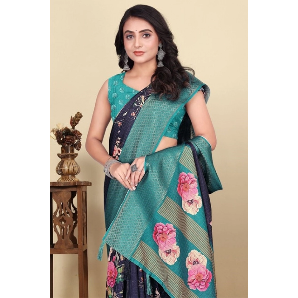 Women’s Cotton Blend Floral Printed Saree With Unstitched Blouse 5.5Mtr (Navy Blue)