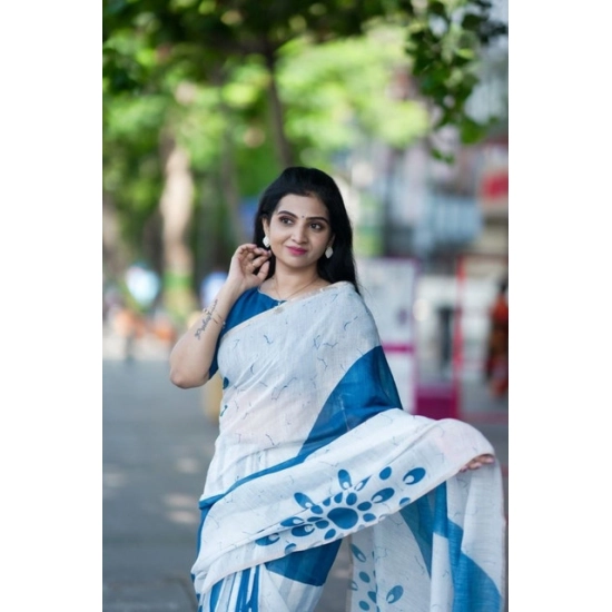 Generic Women's Linen Printed Saree With Unstitched Blouse 5.5Mtr (White)