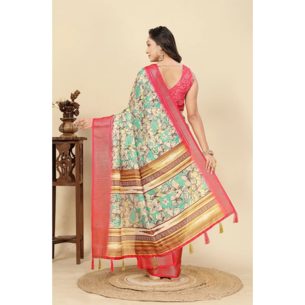 Generic Women's Cotton Silk Floral Printed Saree With Unstitched Blouse 5.5Mtr (Multicolor)