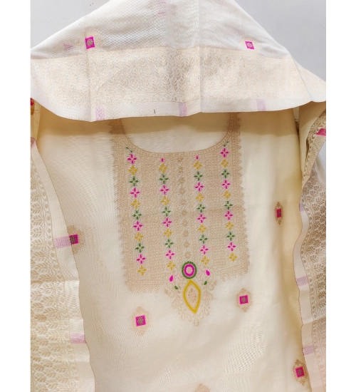 Generic Women's Banarasi Silk Printed Unstitched Salwar Suit Material With Dupatta (White, 3Mtrs)