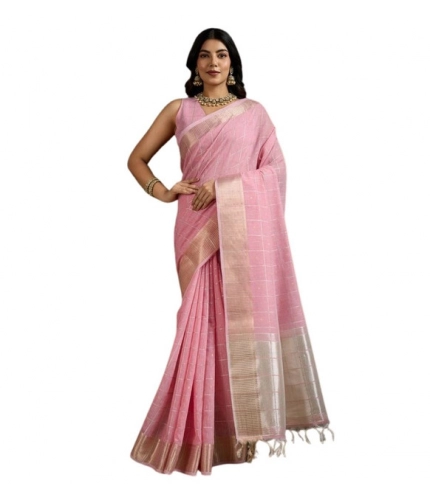 Generic Women's Tissue Checks_With_Buttis Saree With Unstitched Blouse 5.5Mtr (Light_Pink)
