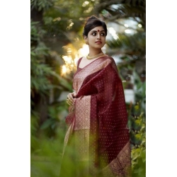 Generic Women's Litchi silk Printed Saree With Unstitched Blouse (Maroon)
