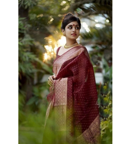 Generic Women's Litchi silk Printed Saree With Unstitched Blouse (Maroon)