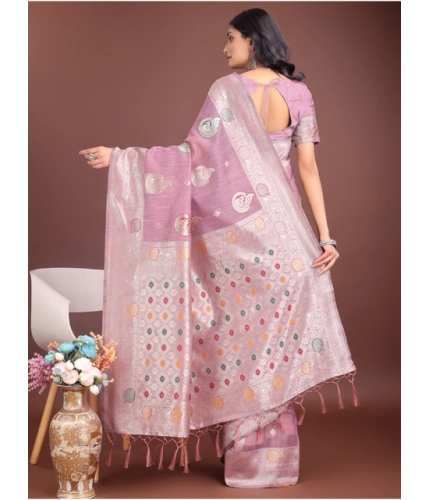 Generic Women's Linen Cotton Printed Saree With Unstitched Blouse 5.5Mtr (Purple)