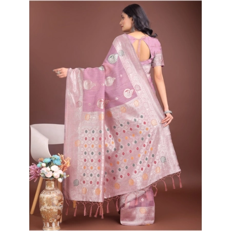 Generic Women's Linen Cotton Printed Saree With Unstitched Blouse 5.5Mtr (Purple)