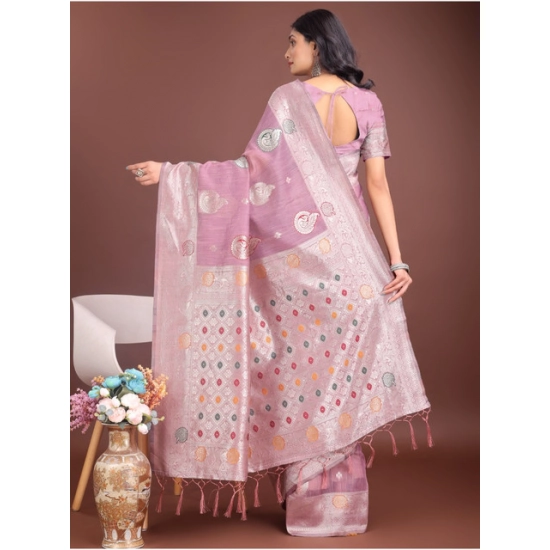 Generic Women's Linen Cotton Printed Saree With Unstitched Blouse 5.5Mtr (Purple)