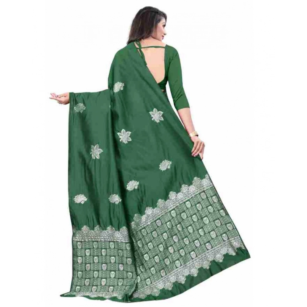 Generic Women's Soft Lichi Silk Printed Saree With Unstitched Blouse 5.5Mtr (Green)
