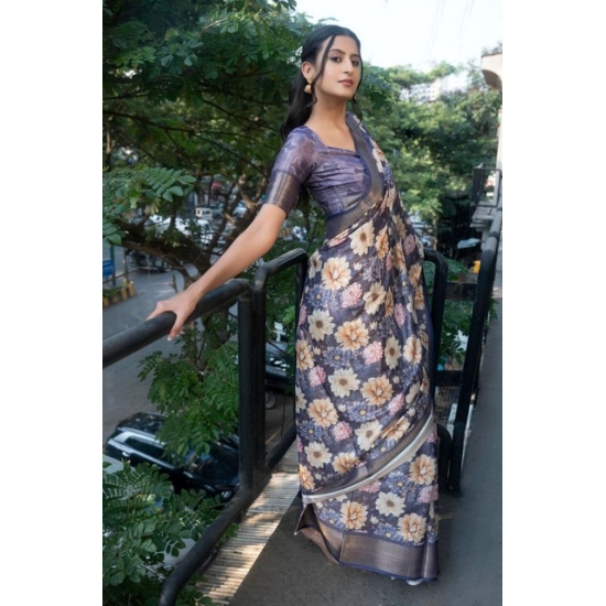 Generic Women's Polyester Printed Saree With Unstitched Blouse 5.5 Mtr (Purple)