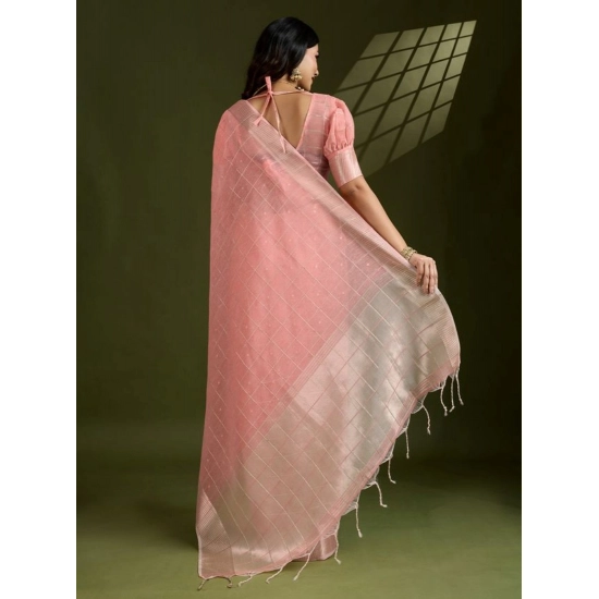Generic Women's Tissue Checks_With_Buttis Saree With Unstitched Blouse 5.5Mtr (Peach)