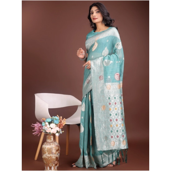 Generic Women's Linen Cotton Printed Saree With Unstitched Blouse 5.5Mtr (Sea Green)