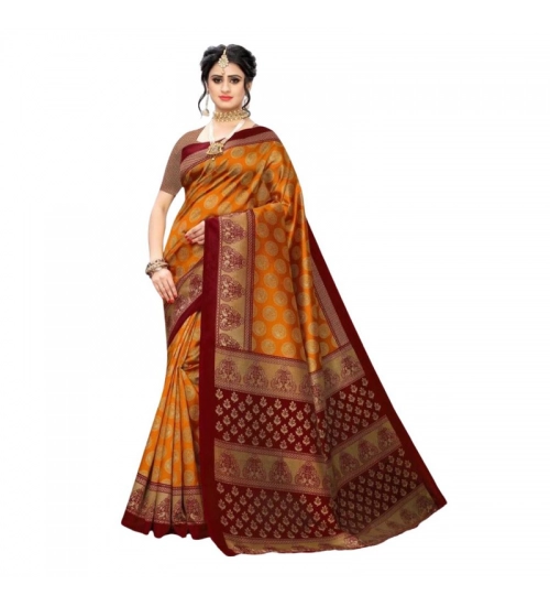 Generic Women's Litchi silk Printed Saree With Unstitched Blouse  5-6 Mtrs (Mustard Yellow)