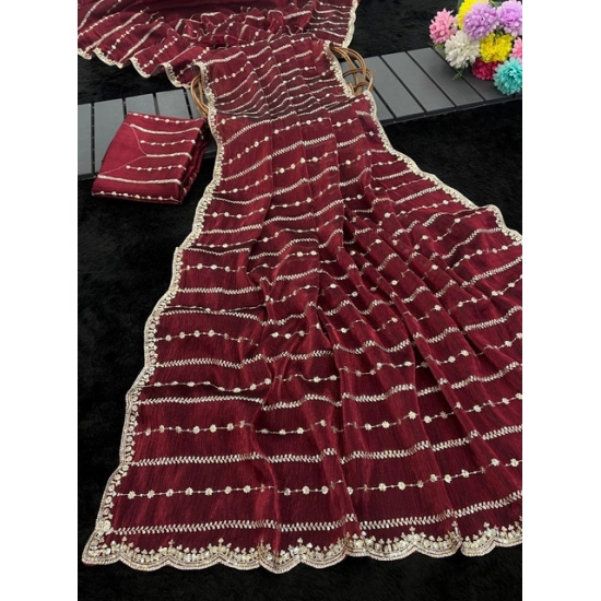Generic Women's Slik Embellished Saree With Unstitched Blouse 5.5Mtr (Maroon)
