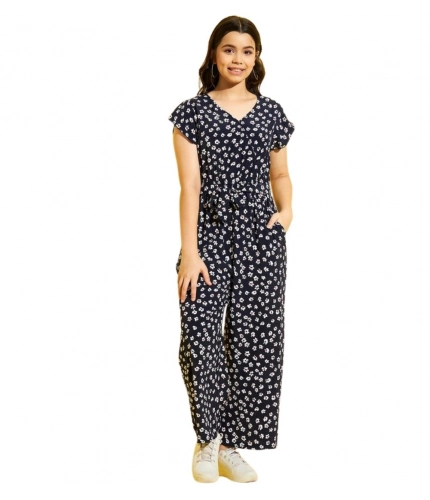 Generic Girl's Polyester Moss Floral Short Sleeves Jumpsuit (Navy-white)