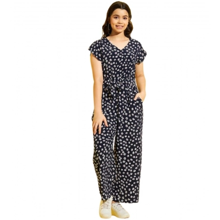 Generic Girl's Polyester Moss Floral Short Sleeves Jumpsuit (Navy-white) Generic Girl's Polyester Moss Floral Short Sleeves Jumpsuit (Navy-white)