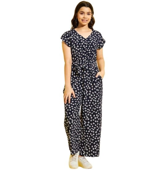 Generic Girl's Polyester Moss Floral Short Sleeves Jumpsuit (Navy-white)