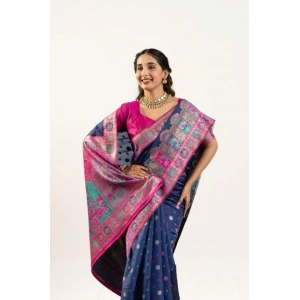Generic Women's Faux_Banarasi Woven Motifs Saree With Unstitched Blouse 5.5Mtr (Navy_Blue)