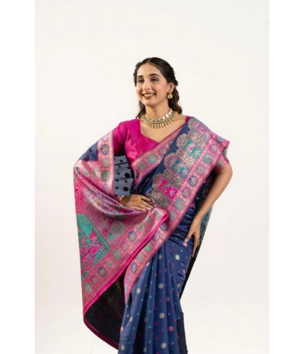 Generic Women's Faux_Banarasi Woven Motifs Saree With Unstitched Blouse 5.5Mtr (Navy_Blue)
