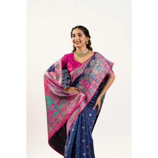 Generic Women's Faux_Banarasi Woven Motifs Saree With Unstitched Blouse 5.5Mtr (Navy_Blue) Generic Women's Faux_Banarasi Woven Motifs Saree With Unstitched Blouse 5.5Mtr (Navy_Blue)