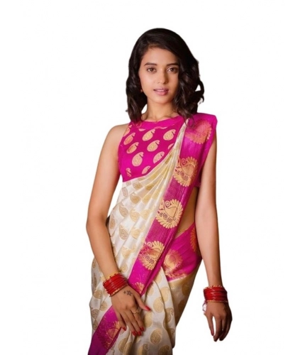 Generic Women's Soft Lichi Silk Printed Saree With Unstitched Blouse 5.5Mtr (White)
