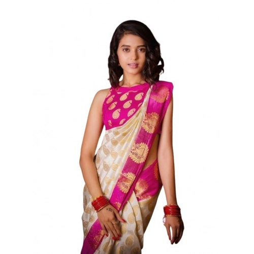 Generic Women's Soft Lichi Silk Printed Saree With Unstitched Blouse 5.5Mtr (White)