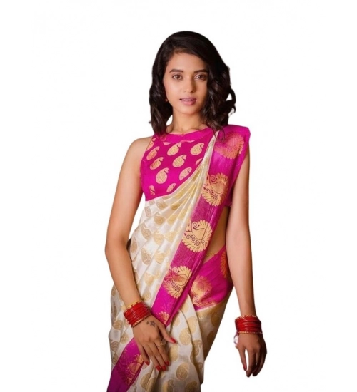 Generic Women's Soft Lichi Silk Printed Saree With Unstitched Blouse 5.5Mtr (White)