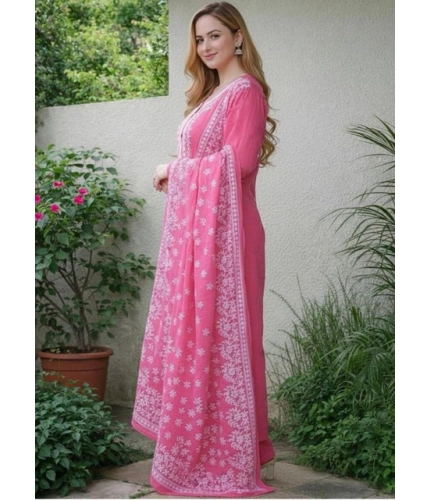 Generic Women's Chanderi Silk Ethnic Motif Round 3/4th Sleeve Kurti With Pant Dupatta Set (Pink)