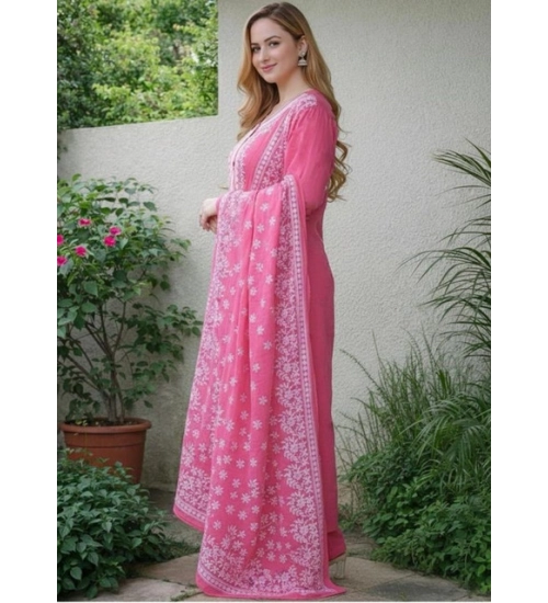 Generic Women's Chanderi Silk Ethnic Motif Round 3/4th Sleeve Kurti With Pant Dupatta Set (Pink)