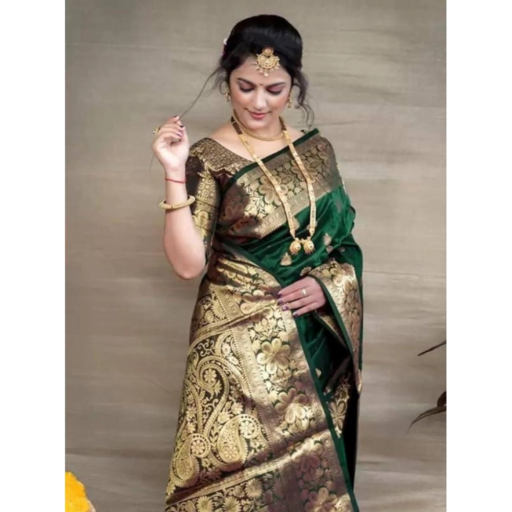 Generic Women's Soft Litchi Silk Jacquard Work Saree With Unstitched Blouse 5.5Mtr (Green)