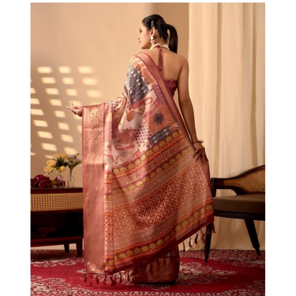 Generic Women's Faux_Silk Printed Saree With Unstitched Blouse 5.5Mtr (Peach)