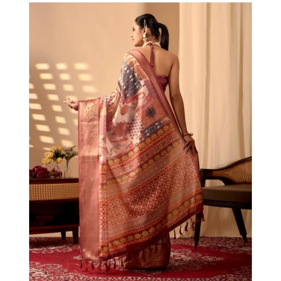 Generic Women's Faux_Silk Printed Saree With Unstitched Blouse 5.5Mtr (Peach)