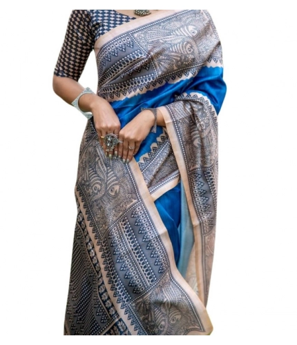 Generic Women's Faux_Tussar Geometric_Print Saree With Unstitched Blouse 5.5Mtr (Royal_Blue)