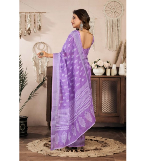 Generic Women's Linen Cotton Printed Ready To Wear Saree With Unstitched Blouse 5.5 Mtr (Lavender)