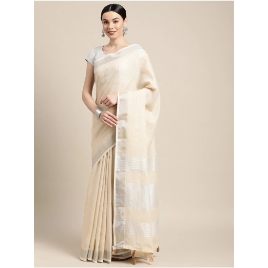 Generic Women's Linen Cotton Printed Saree With Unstitched Blouse 5.5Mtr (Cream)