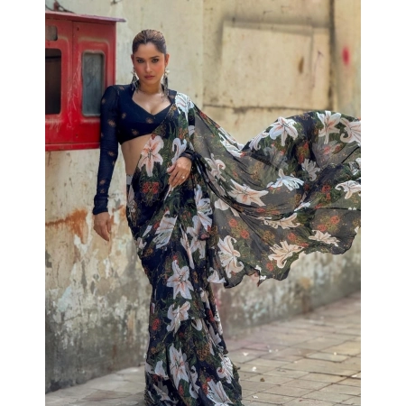 Generic Women's Georgette Floral Printed Saree With Unstitched Blouse 5.5Mtr (Black)