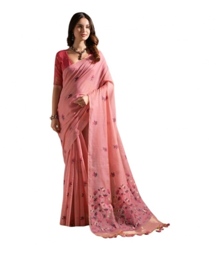 Generic Women's Blended_Cotton Floral Saree With Unstitched Blouse 5.5Mtr (Pink)