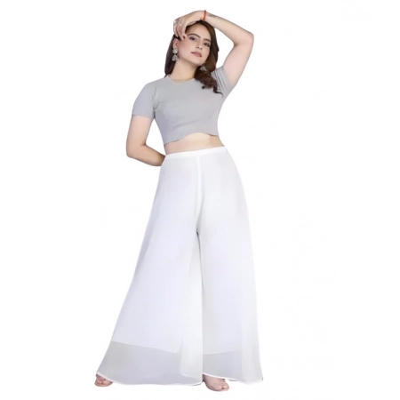 Generic Women's Pack of 1 Georgette Solid High Rise Wide Leg Flared Palazzo Pants with Elastic Waist (White)
