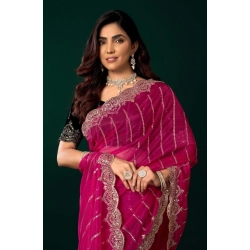 Generic Women's Net Sequence Saree With Unstitched Blouse 5.5Mtr (Pink)