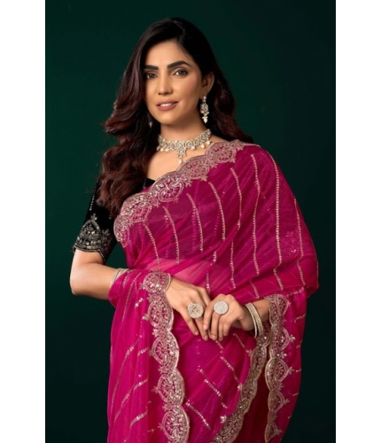 Generic Women's Net Sequence Saree With Unstitched Blouse 5.5Mtr (Pink)